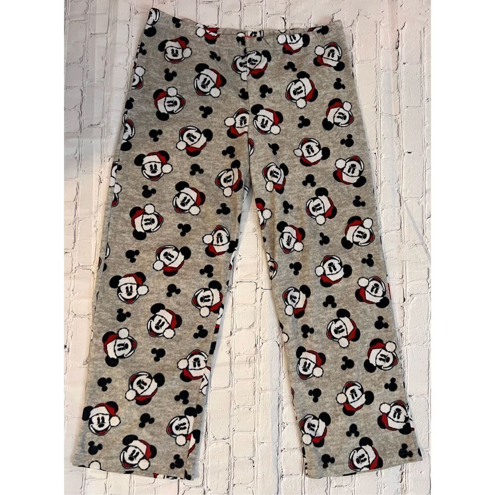Disney Size L Santa Mickey Mouse Pajama Lounge Pants Gray Fleece Comfy Cozy